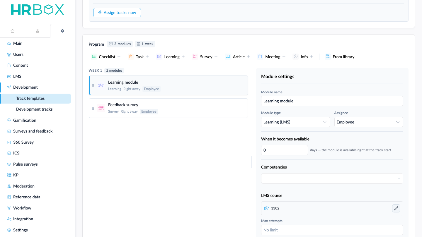 Development and onboarding track setup in HRBOX