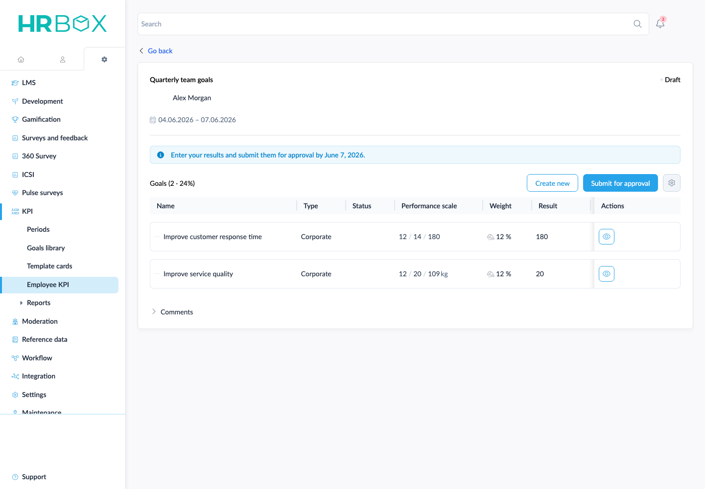 Current KPI card in local HRBOX