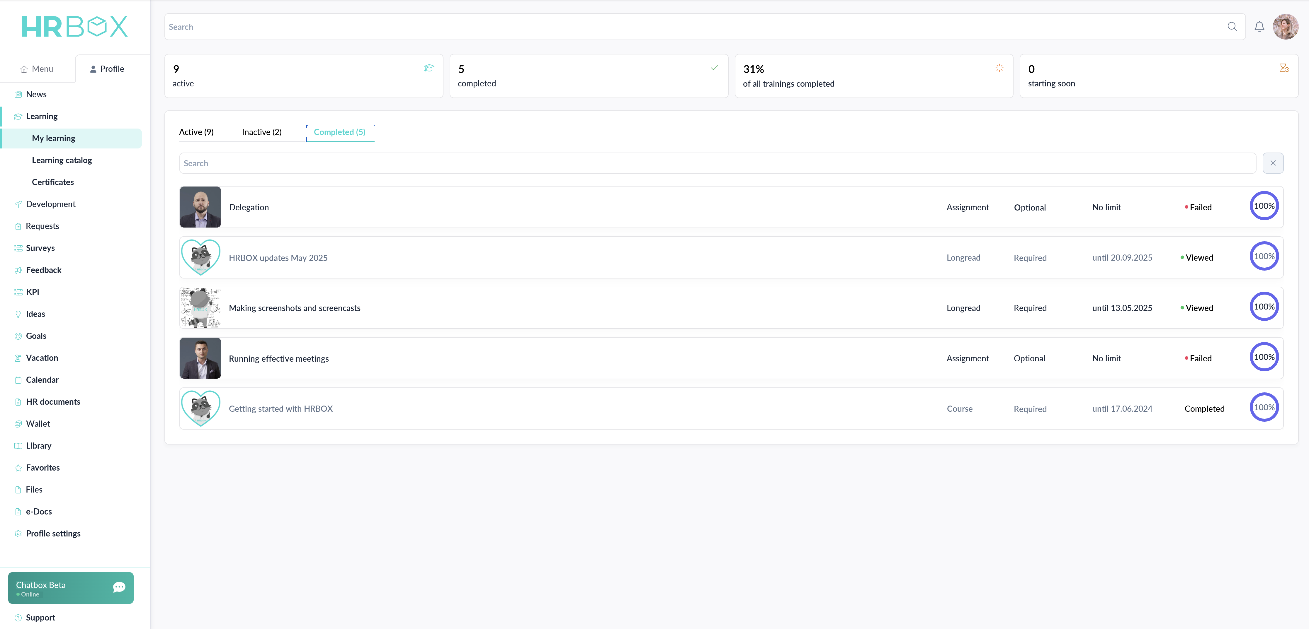 HRBOX My Learning section with metrics, statuses and progress