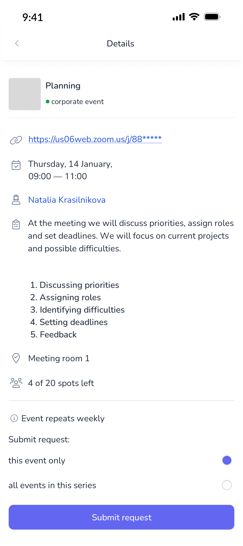 Event details in the mobile calendar